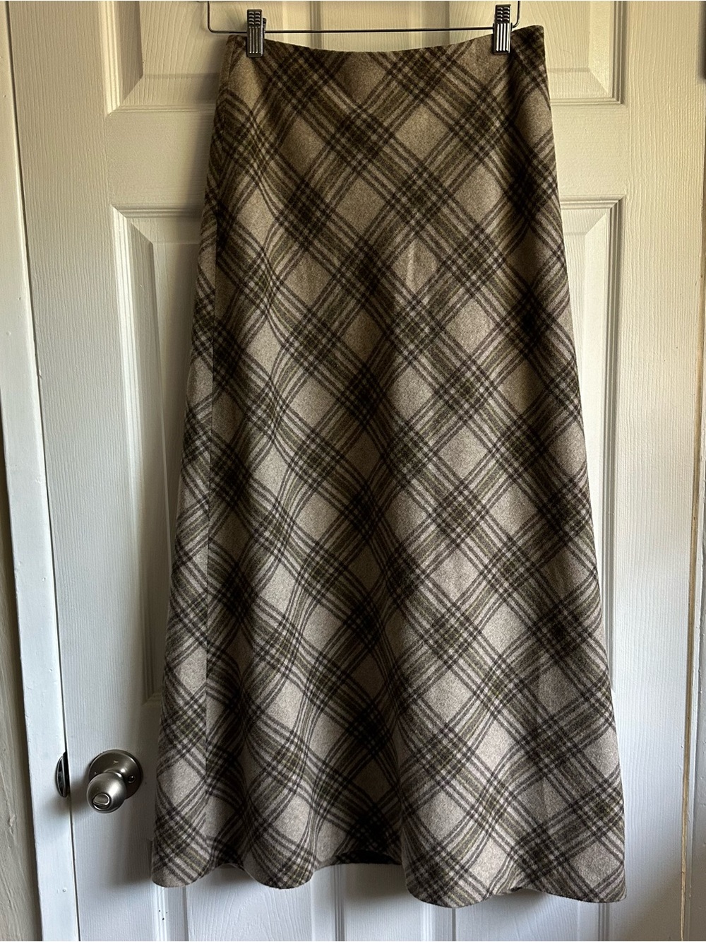 Vintage Plaid A-Line Wool Skirt in Beige and Brown